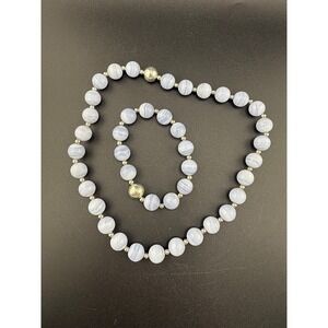 Vintage Blue Lace Agate Necklace Bracelet Set Signed Milor  18" Stretch 7"